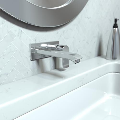 Chrome wall-mounted single handle faucet trim with spout installed above white sink basin.