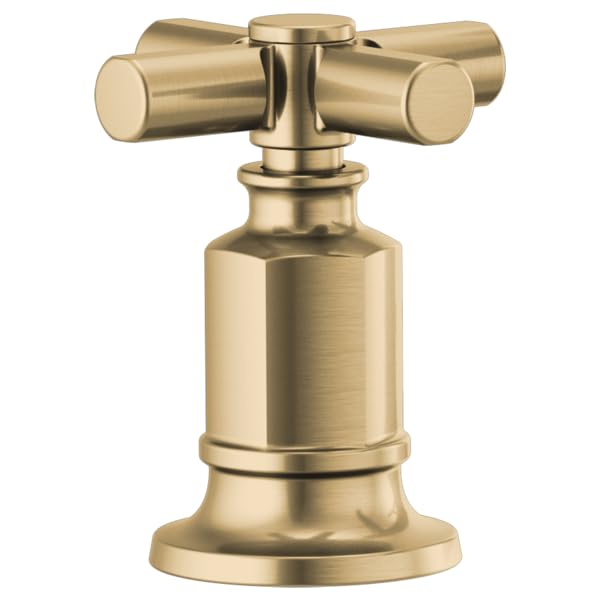 Brushed gold Roman tub faucet with cross handles and cylindrical body mounted on round base.