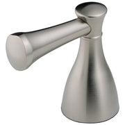 Stainless steel lever handle set with cylindrical spout and tapered cone-shaped base for Roman tub installation.