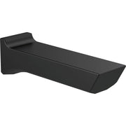 Matte black tub spout with curved lip and wall-mounted bracket.
