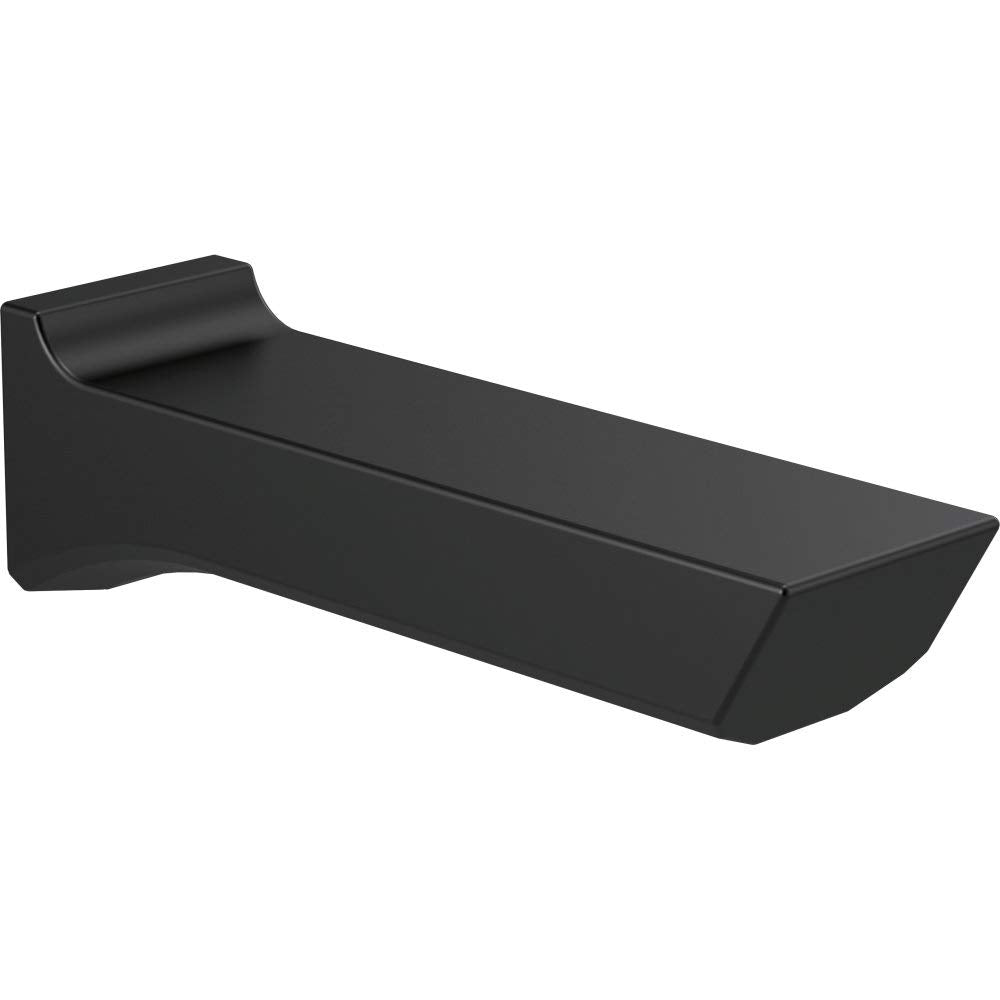 Matte black tub spout with curved lip and wall-mounted bracket.