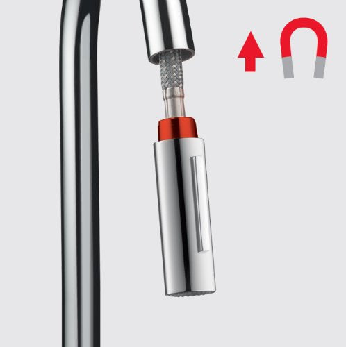 Chrome pull-down kitchen faucet with red accents and flexible hose, shown with spray head extended.