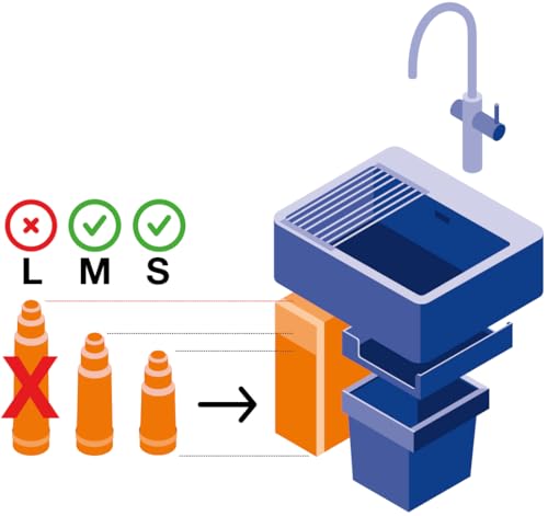 White cylindrical replacement filter cartridge with blue striped top shown in sink system diagram with size comparison.