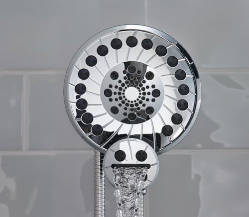 Chrome showerhead with multiple spray jets arranged in concentric circular pattern, connected to flexible hose.
