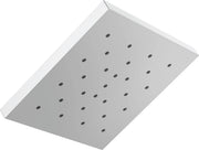 Square chrome shower head with multiple spray jets arranged in grid pattern.