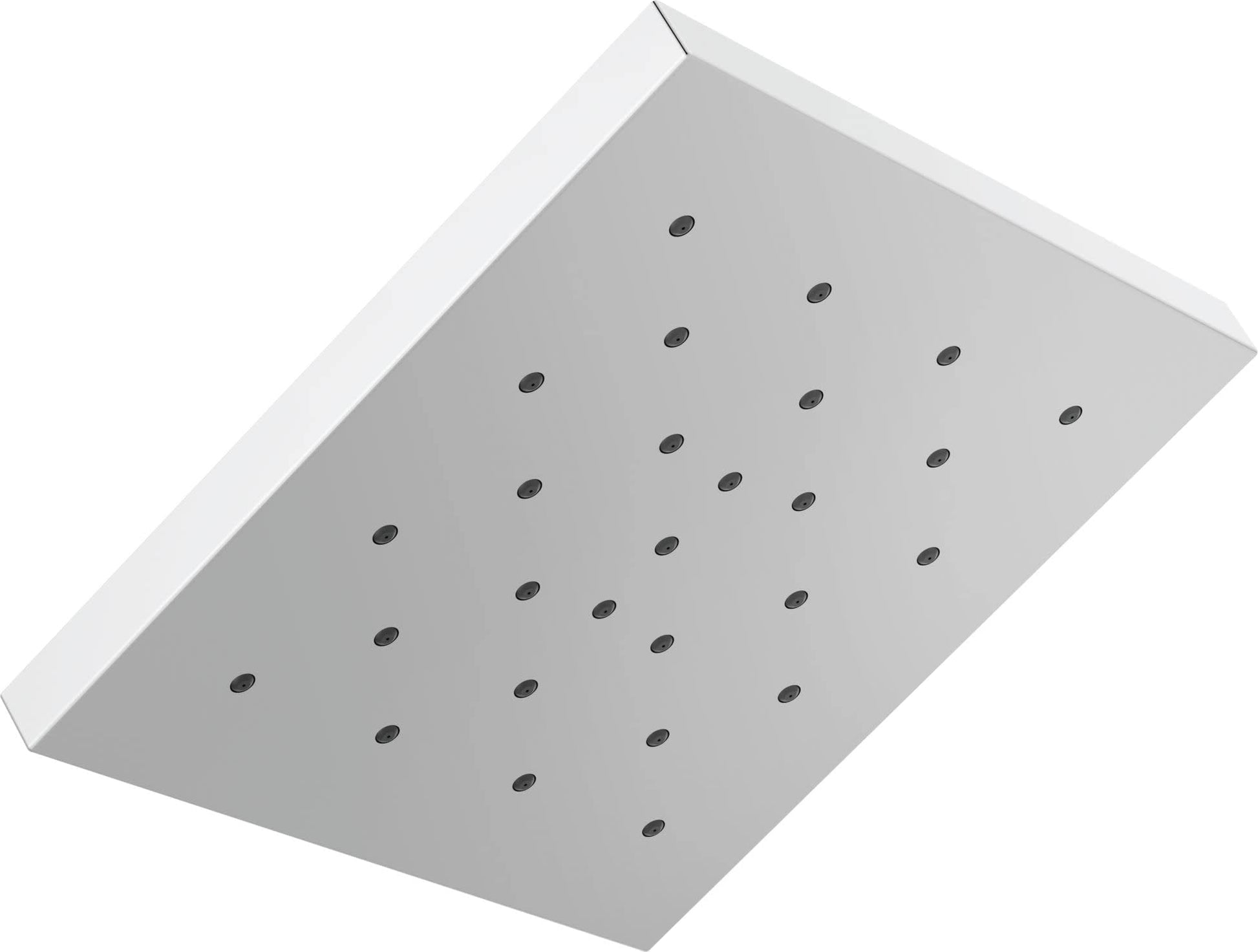 Square chrome shower head with multiple spray jets arranged in grid pattern.