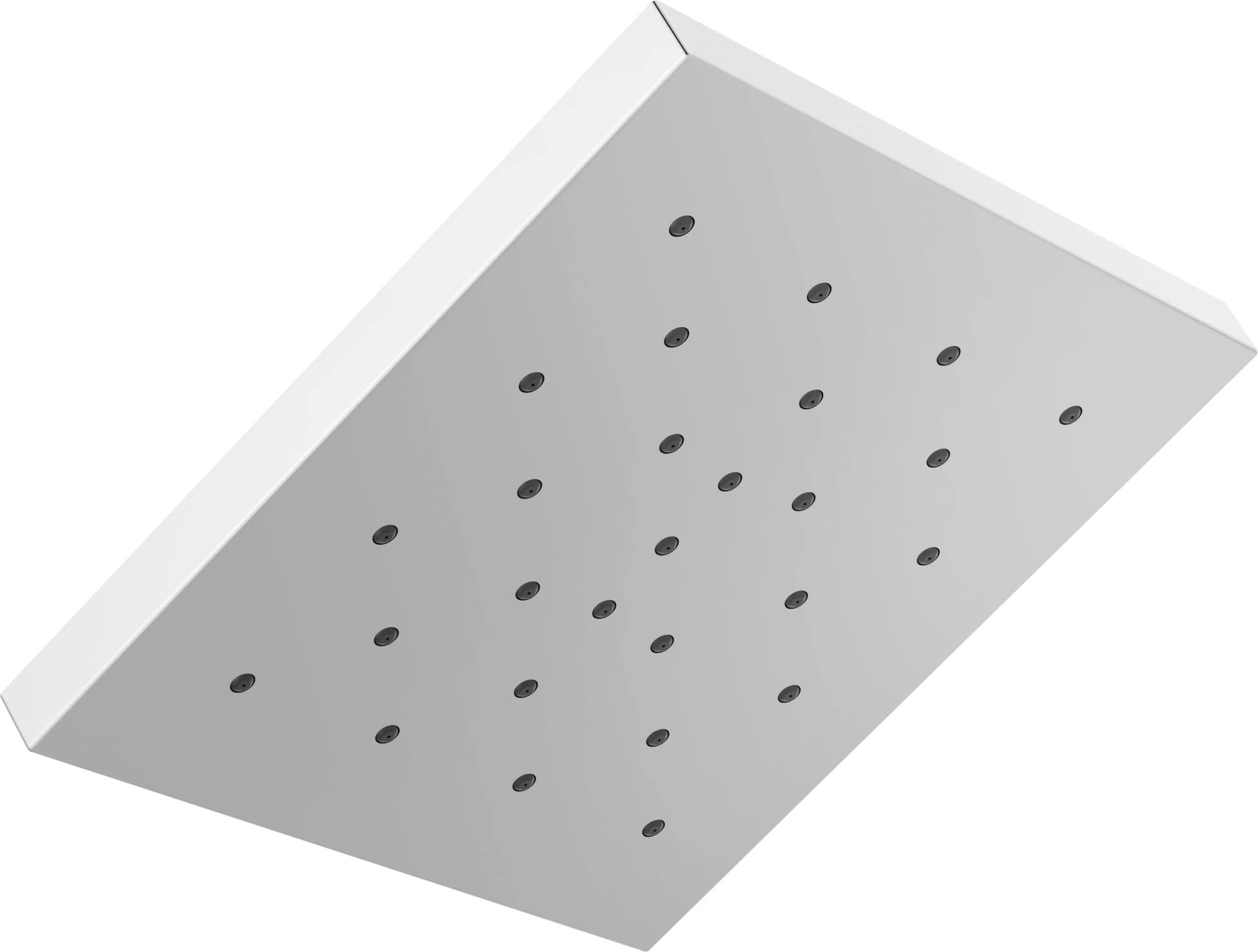 Square chrome shower head with multiple spray jets arranged in grid pattern.