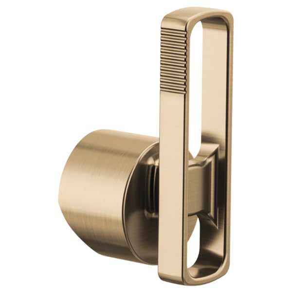 Luxe gold bar faucet handle with cylindrical knob and rectangular backplate featuring horizontal grip lines.