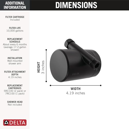 Matte black cylindrical shower filter attachment measuring 4.19 inches wide by 3 inches high with wall-mounted installation.