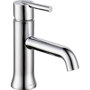 Chrome single-handle bathroom faucet with curved spout and lever control on cylindrical base.