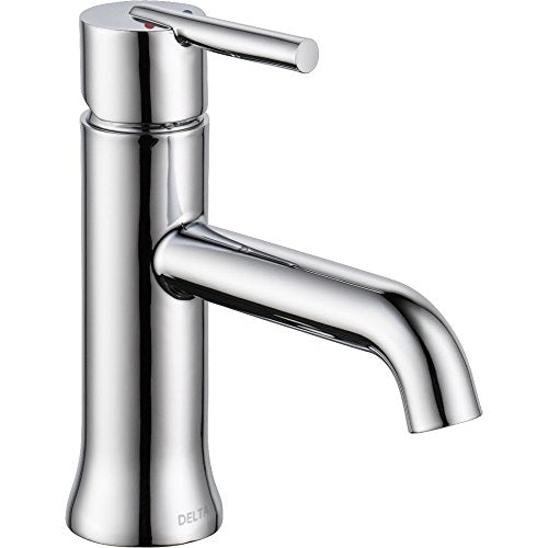 Chrome single-handle bathroom faucet with curved spout and lever control on cylindrical base.