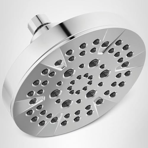 Chrome showerhead with multiple spray holes and adjustable arm connector.