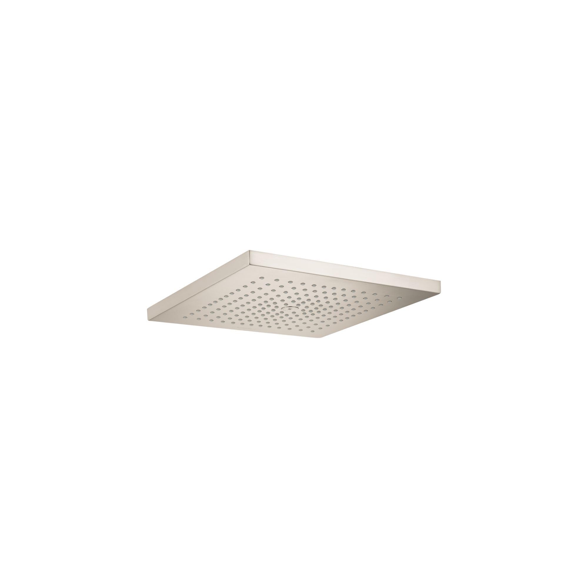 Brushed nickel square shower head with perforated face and recessed mounting.