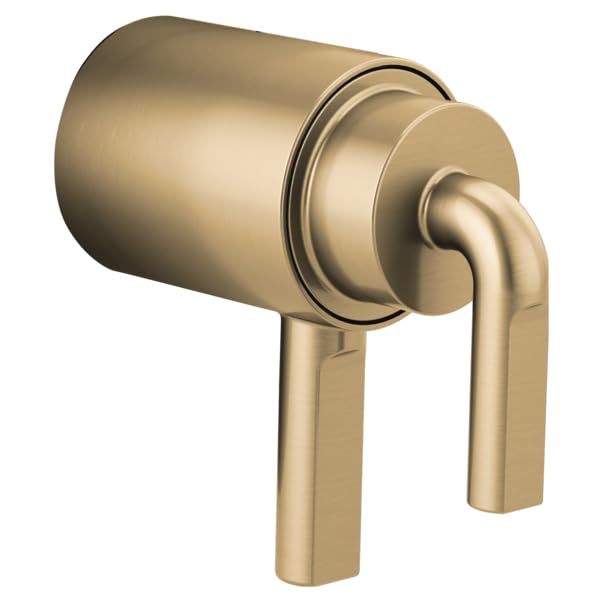 Champagne bronze thermostatic valve trim with notch lever handle and cylindrical body.