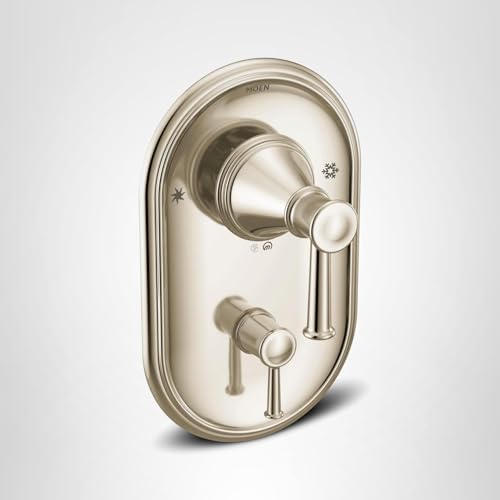 Polished nickel shower valve trim with rounded rectangular backplate, main lever handle, and secondary control knob below.