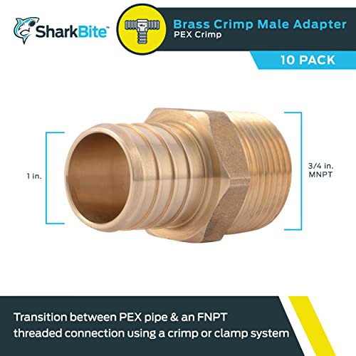 Brass crimp male connector with 1 inch PEX inlet and 3/4 inch MNPT threaded outlet.