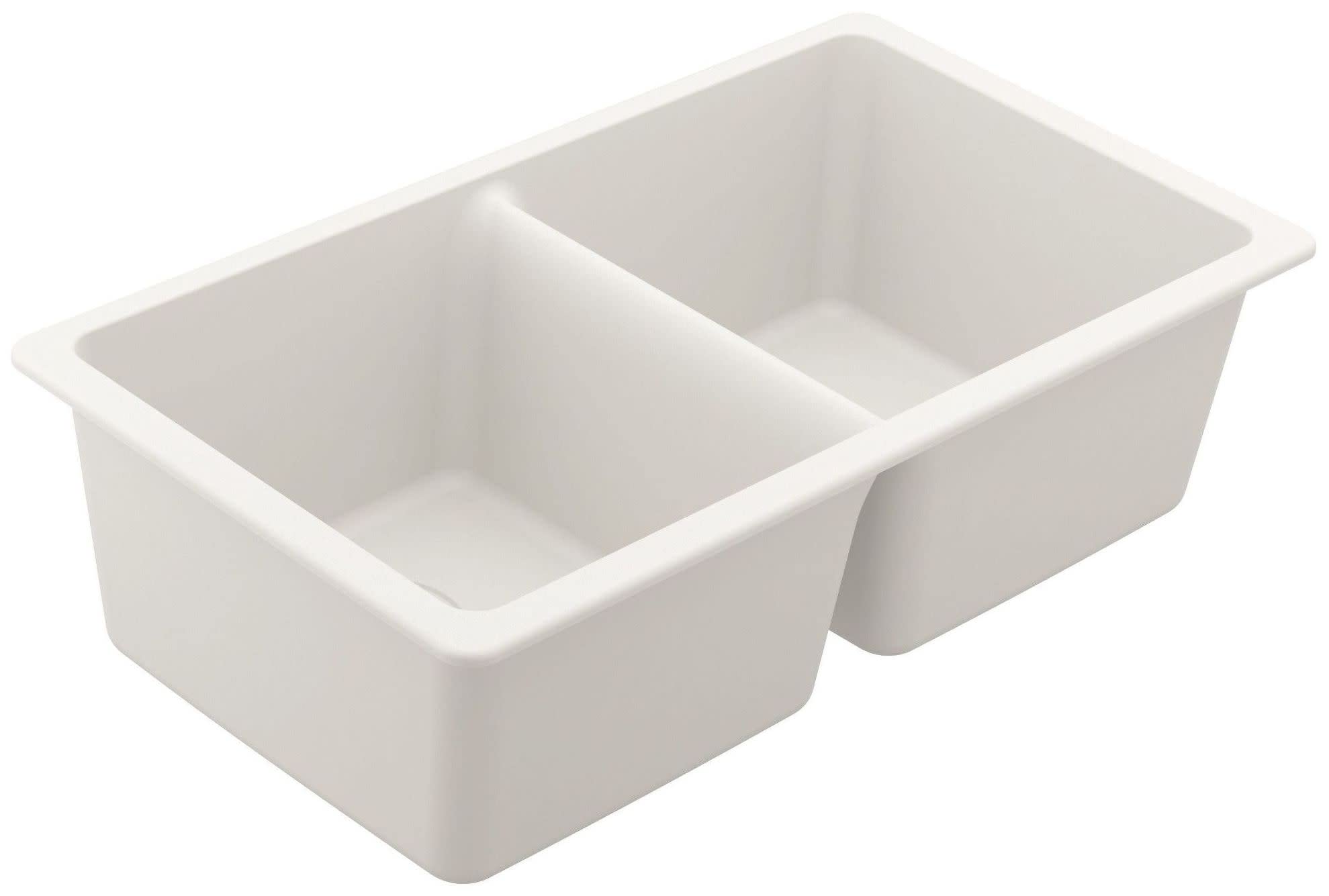 White granite undermount double bowl kitchen sink with two equal rectangular basins and rounded edges.