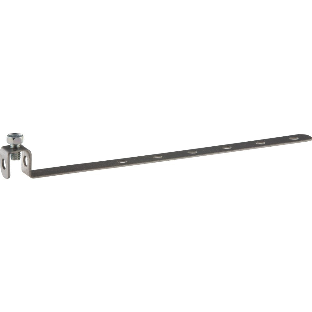 Metal strap with multiple holes along length and screw-mounted bracket on left end.