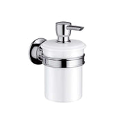 Chrome and white wall-mounted soap dispenser with cylindrical ceramic container and lever pump.