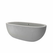 Gray oval freestanding bathtub with curved sides and single drain hole.