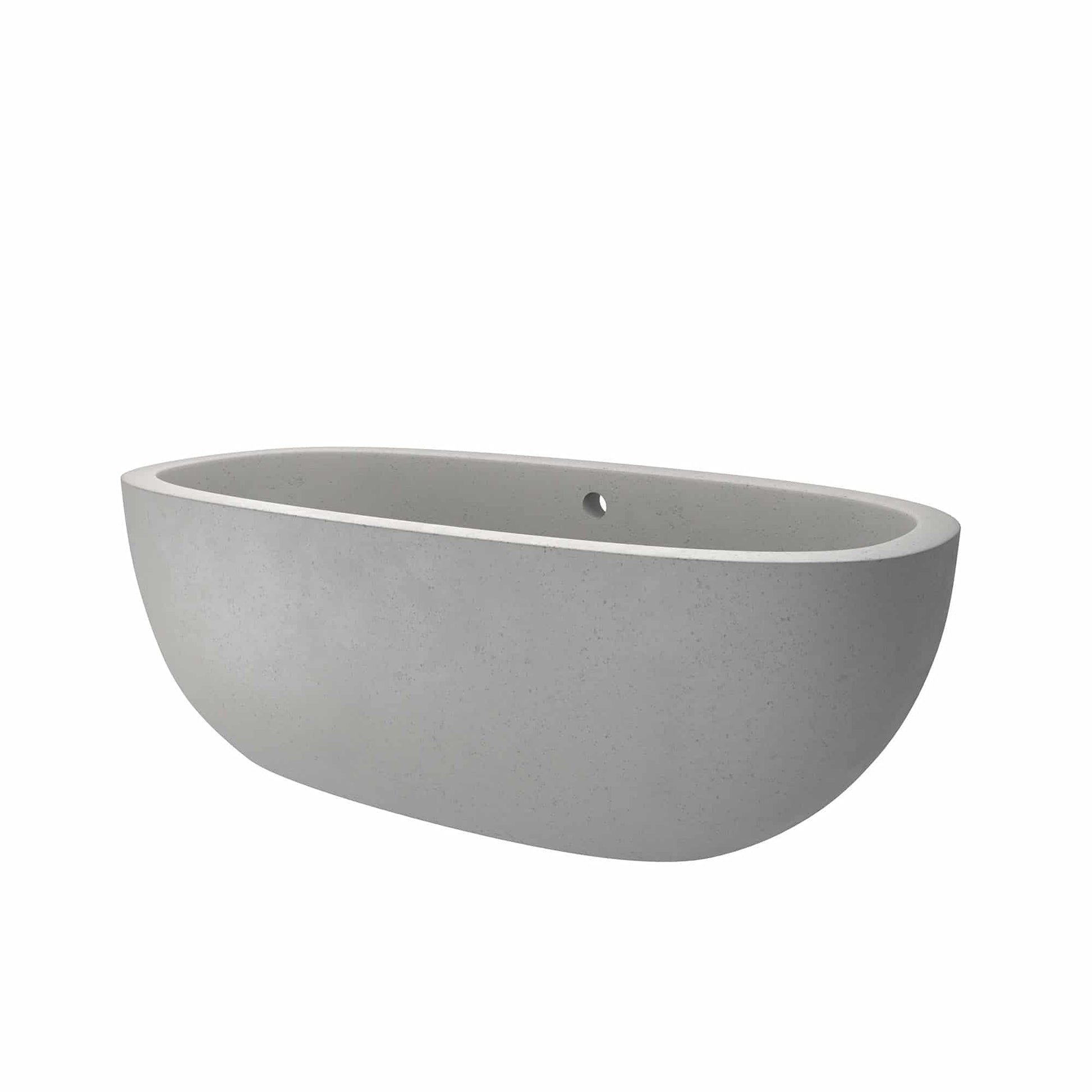 Gray oval freestanding bathtub with curved sides and single drain hole.