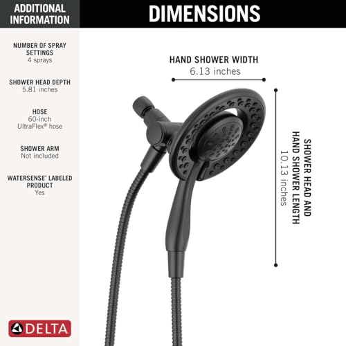 Chrome dual shower head system with 4-setting hand shower head connected to 60-inch hose with black grip handle.