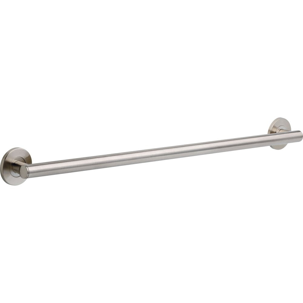Stainless steel straight grab bar with circular wall mounting flanges on each end.