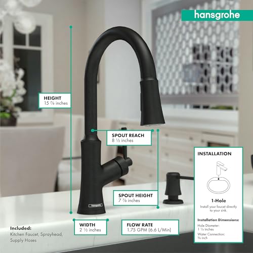 Matte black high-arc kitchen faucet with pull-down sprayer and soap dispenser, shown with dimension specifications.