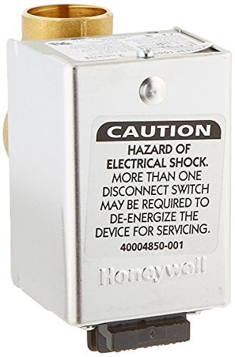 White Honeywell zone valve with brass sweat connection fitting and electrical warning label.