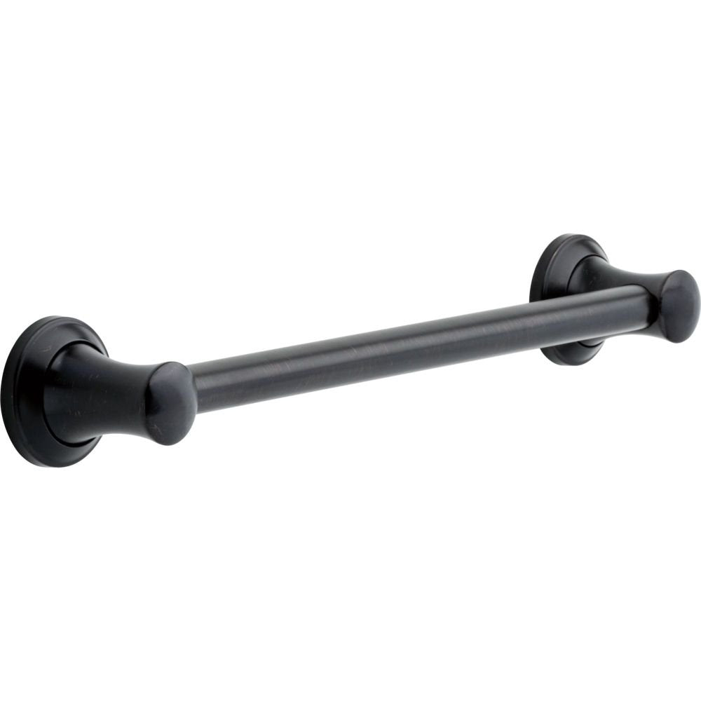 Black cylindrical grab bar with round mounting flanges on each end.