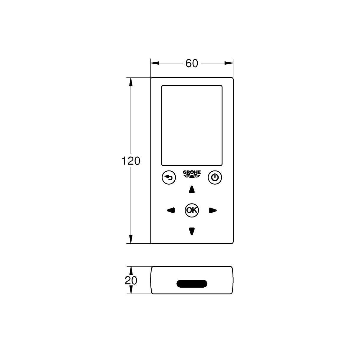 Grohe chrome remote control with display screen and navigation buttons, shown with dimensions and separate battery compartmen