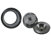 Three-piece sink drain trim set with extended flange, strainer basket, and stopper in brushed nickel finish.