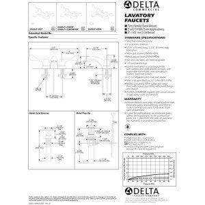 Chrome two-handle centerset lavatory faucet with lever controls and pop-up drain, shown with installation diagrams and specif