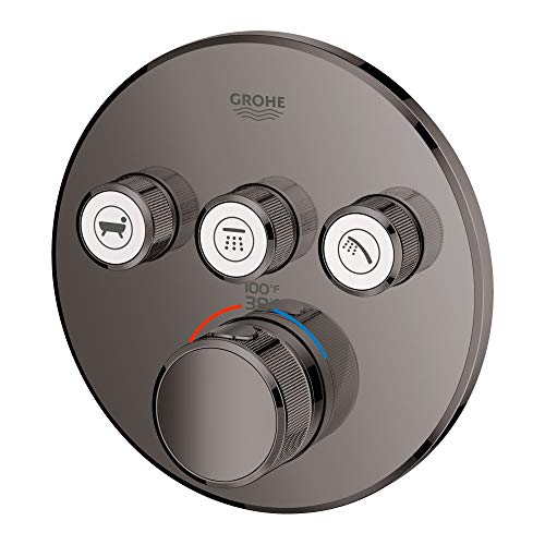 Grohe Grohtherm thermostatic valve trim with hard graphite finish, three function buttons and central temperature control dia