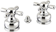 Pair of chrome metal faucet handles with cross-shaped grips and dome bases, shown with matching cap in center.