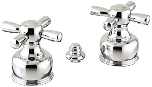 Pair of chrome metal faucet handles with cross-shaped grips and dome bases, shown with matching cap in center.