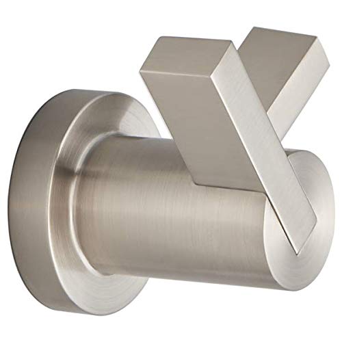 Brushed nickel double robe hook with cylindrical base and two angular arms extending outward.