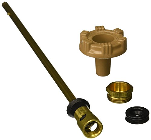 Brass valve stem with handle and three brass and rubber seal components for pressure relief valve repair.