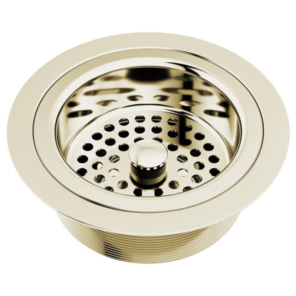Polished chrome kitchen sink strainer with perforated basket and threaded flange in brushed nickel finish.