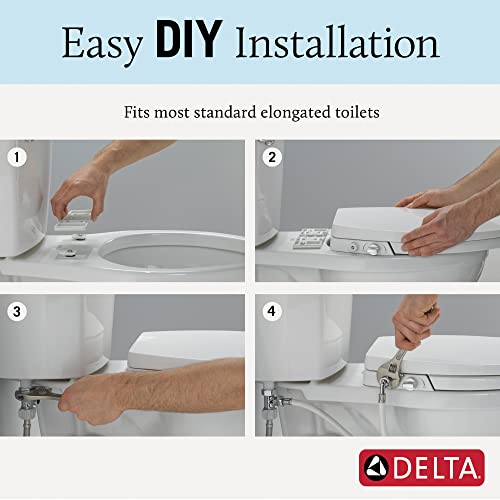 White elongated bidet seat with installation instruction steps showing attachment to toilet bowl.