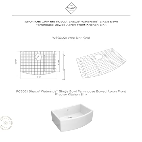 Stainless steel wire sink grid with small circular drain hole, designed for farmhouse apron front kitchen sink.