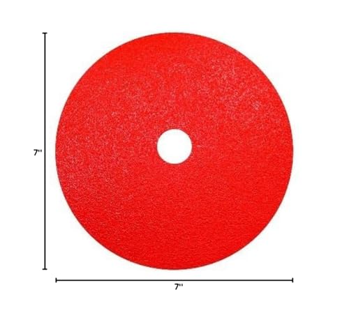 Red circular sanding disc with center hole, 7 inches diameter, 100-grit abrasive surface.