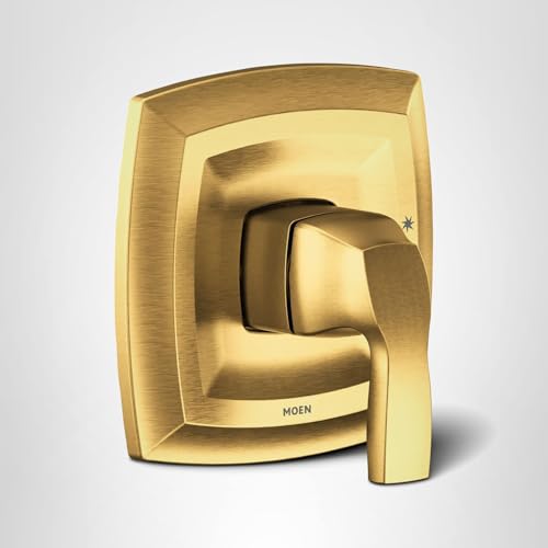 Brushed gold single-handle shower trim kit with square escutcheon plate and lever handle.