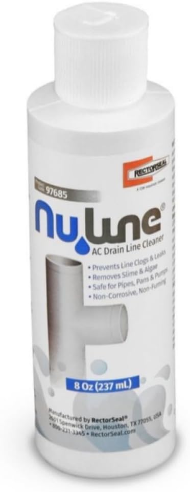 Nuline AC drain line cleaner 8 oz bottle with white cap and blue label showing product number 97685.