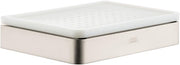 Square brushed nickel soap dish with white grid-pattern insert top and recessed edges.