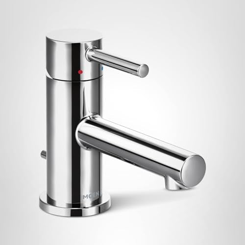 Chrome single-handle bathroom faucet with cylindrical body, lever spout, and red indicator dot on upper body.