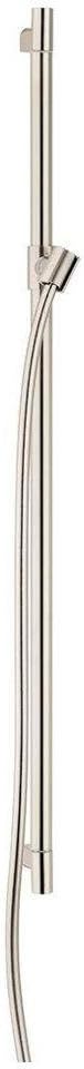 Brushed nickel vertical wallbar with cylindrical tube, mounting bracket, and curved hose attachment.