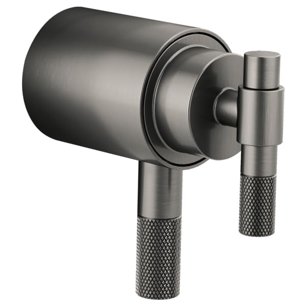 Brushed nickel thermostatic valve trim with cylindrical body and two textured T-lever handles.