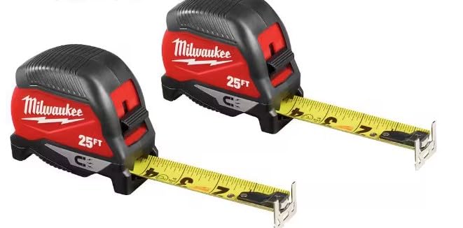 Two Milwaukee 25ft magnetic tape measures with red and black casing and extended yellow rulers.