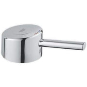 Chrome lever handle with rounded cap and cylindrical grip for faucet control.